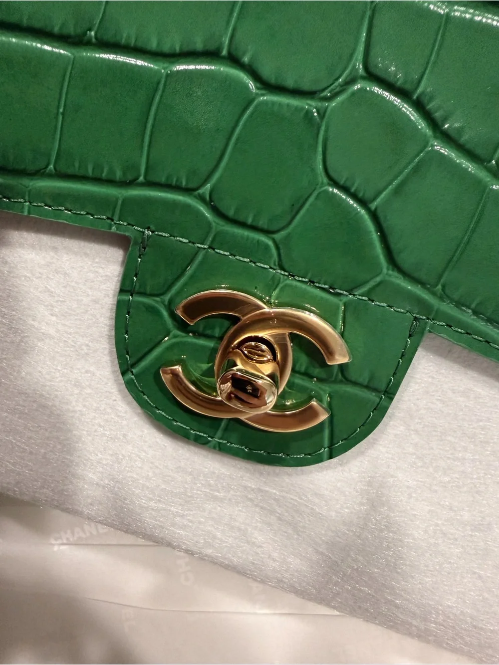 CHANEL Green Croc-Embossed top handle bag Bag with Gold hardware